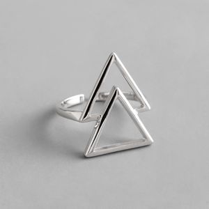 Äkta 100% 925 Sterling Silver Double Triangle Mönster Öppna ringar för kvinnor Korean Japan Fina smycken Dropshipping YMR636