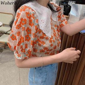 Blaue Blusas Mujer Office Damen Sommer Tops Abdeckkragen Süße Frauen Blusen Vintage Koreanische Print Nette Hemden 210519