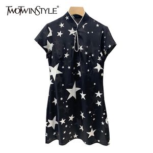 Print Star Summer Dress for Women Sky Collar Manga Curta Chinesa Estilo Vestidos Feminino Moda Roupas 210520