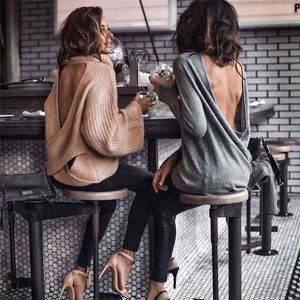 Turtle Neck Backless Sweater Jumper Kvinnor Höst Vinter Casual Elegant Loose Soft Solid Jumpers Stickad Top Pullover 210427