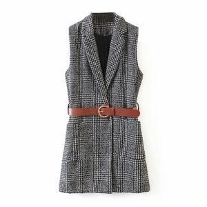 Autumn Women Plaid Vest Jackets Coats Sleeveless Belt Pockets Casual WaistCoat Female knitting Outerwear Clothes 210513