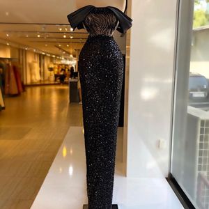 Utsökt Black Sequin Aftonklänning Av Skulder Lace Prom Klänningar Golvlängd Formell Party Gowns