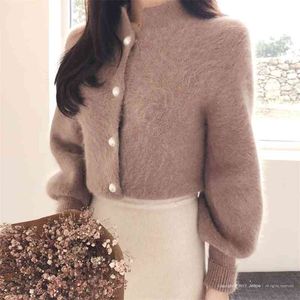 Elegant Long Sleeve Mohair Sweater Women Single-Breasted Female Short Cardigan Soft Flexible Knitted Mujer Sute 210520