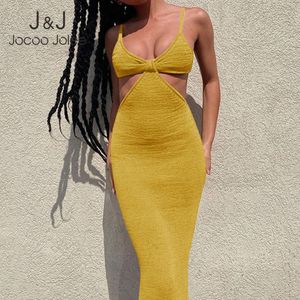 Jocoo Jolee Women Summer Low-Cut Backless Vacation Knit Elegant Sexy Pleated Slim Party Club Hollow Bodycon Maxi Dress 210518