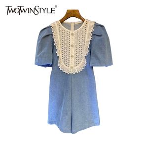 Denim Patchwork Lace Jumpsuit For Women O Neck Short Sleeve High Waist Casual Jumpsuits Female Fashion Clothes 210521