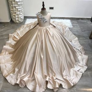 2021 Champagne Lace Pearls Satin Backless Flower Girl Dresses Fashion Tulle Elegant Lilttle Kids Birthday Pageant Weddding Gowns