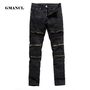 Mens black ripped jeans skinny slim fit multi metal zipper design jeans fashion hip hop trousers stretch pencil pants X0621