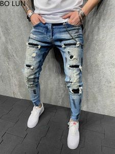 Jeans Men's Slim Ripped Denim Men's Painted Jeans blue Retro Patch Beggar Pants Jumbo Men's Hip Hop Pants Size S-4XL X0621