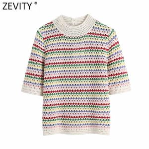 Zevity Women Stand Collar Rainbow Striped Casual Jacquard Knitting Sweater Female Chic Short Sleeve Pullovers Hollow Tops SW804 210603