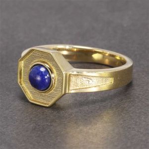 Handmade Vintage Man Rings With Natural Lapis Lazuli Stone Hexagon Copper for Men Pure Gold Color Retro Unique Jewelry 211217