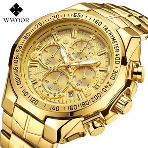 WWOOR Golduhr Männer Top Marke Luxus Große Sportuhren für Männer Quarz Wasserdichte Chronograph Armbanduhr Mann Relogio Masculino 210329