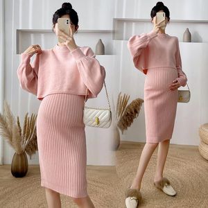 Maternidade vestidos outono inverno moda coreana de malha camisolas vestido ternos uma linha de roupa magro para mulheres grávidas