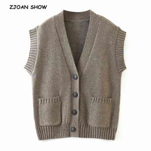 Autumn Vintage Khaki Sleeveless Knitted Cardigan Women Korean Clothing Loose Pocket V Neck Sweater Vest Boyfriend Style Knitwear 210429