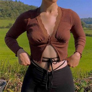 Słodka Głęboka Koronka Koronki Koronki Crop Topy Moda Slit Hem Długie Rękaw Brązowe Koszulki Vintage 90s Estetyka Top 210522