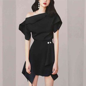 Moda Kadınlar Zarif Kapalı Omuz Tops + İnciler Draped Etek Kıyafetler Yaz Ofis Bayan Kısa Kollu Siyah Set 210520