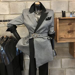 Spring Ladies Fashion Blazer Notched No Button Belt Long Sleeve Gray Striped Suit Coat Women Overcoats QB653 210510