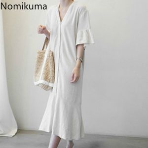 Nomikuma Cotton Linen V Neck Short Sleeve Black Dress Women Solid Color Vintage Loose Dresses Casual Fashion Home Clothes 3a613 210514