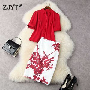 Летние моды дизайнеры взлетно-посадочные полосы женские набор элегантный офис леди 2 кусок наряды вечеринка красная блузка и печати карандаш юбка костюм 210601