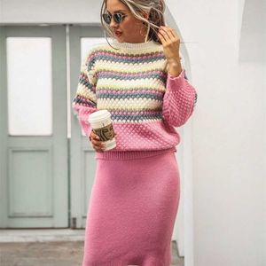 Winter Two Piece Set Womens Lantern Sleeve Striped Knitted Pullovers+Midi Skirts Sweater Suits for Ladies Autumn Knit Outfits 211101