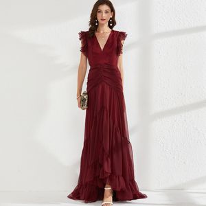 Damen-Abendparty-Kleid, sexy V-Ausschnitt, ausgestellte Ärmel, Rüschen, drapiert, Kapellenschleppe, elegantes langes Abendkleid