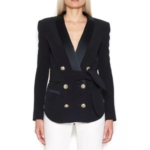 Yüksek kaliteli est tasarımcı ceket kadın zarif kruvaze aslan düğmeleri bağlama kemer blazer dış giyim 211006