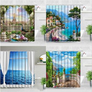 風景シャワーカーテンパリタワー地中海の海の自然の風景背景ウォールの装飾浴室バスタブスクリーン211116