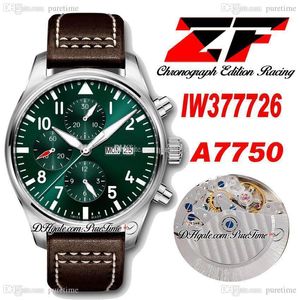 ZF Chronograph Edition Racing Green Dial A7750 Automatic Mens Watch 377726 Dag Datum Brun Läderrem med vit linje Puretime Super Version Klockor N99