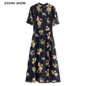 Zarif Kadın Bandaj Kravat Yay Backless Çiçek Baskı Kısa Kollu Yarık Bağbozumu Elbise Bayanlar Bir Hattı Geri Kayış Midi Elbise 210429
