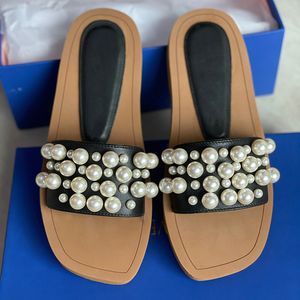 Designer Goldie Slide Women Pearl Sandals Real Leather Trä Sole Squared Toe Flat Slippers Ladies Girl Elegant Sandal Summer Beach Skor