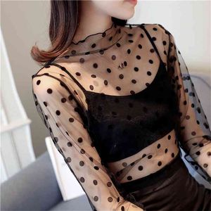 Primavera Verão Mulheres Lace Blusas Camisa Tops Sexy Mesh See-through Manga Longa Preto Dot Star Blusa Striped 210607