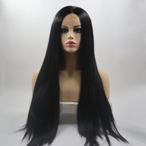 80 cm Lungo Rettilineo Parrucca Anteriore Del Merletto Sintetico Parrucche Dei Capelli Umani di Simulazione Colore Nero perruques de cheveux humains Per Le Donne FY259