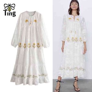 Tingfly Women Summer Bohemian Casual Loose Midi Dresses Flower Embroidery White Color Zaful Boho Street Vestidos Elbise Traf New Y211227