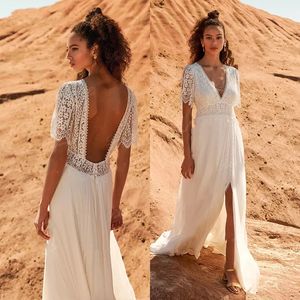 Sexy Split Lace Chiffon Wedding Dresses 2021 Short Sleeve V Neck Robe Mariee Simple Beach Open Back Bridal Gown vestido de novia