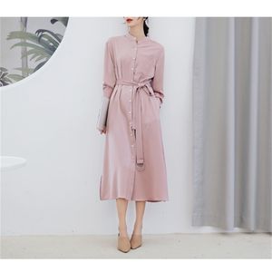 Женская повседневная рубашка платье сплошной розовый цвет длинные платья свободно разделенные Vestidos Fashion 210608