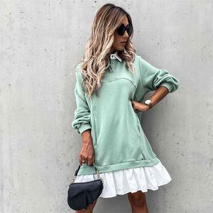 Women Autumn Loose Sweatershirt Dress Winter Long Sleeve Pleated Shirt Polo Collar Female Casual Patchwork Hoodies 210427