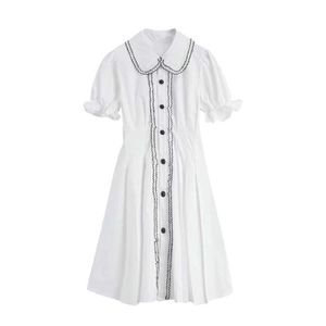 PERHAPS U Women White Peter Pan Collar Puff Short Sleeve Single-breasted A-line Mini Dress Summer Female D2635 210529