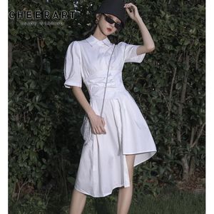 Fashion Asymmetrical Dress Women Puff Sleeve Buttton Up Collar Tunic Shirt Short White Black Clothing 210427