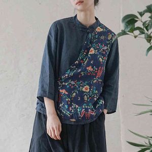 Johnature Women Chinese Style Shirts Patchwork Color Blouses Ramie Stand Seven Sleeve Toppar Vår Vintage Loose Shirts 210521