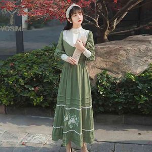 Yosimi Algodão Mulheres Vestido Prairie Chic Outono Maxi Floral Bordado Stand-Neck-Neck de Manga Comprimento Verde Long 210604