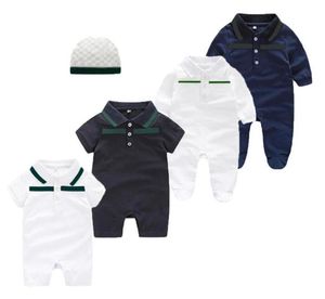 Mode nyfödda romper hatt set barn baby kläder bomullsdesigner spädbarn jumpsuits småbarn pojke flicka rompers kostym