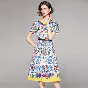 夏のドレス女性のレトロな青と白の磁器の花柄プリント半袖MIDI Dress Vestidos 210518