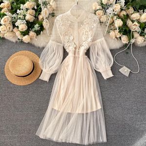 Повседневные платья CHIC 2021 осень 3D цветок длинный фонарь рукава сетки сладкое платье женщины мода стенд шеи элегантные Vestidos P587