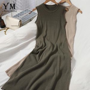 Yuoomuoo Matcha Casual ärmlösa kvinnor stickad tankklänning 2021 Korean o-hals Basic A-line Autumn tröja vestidos klänningar