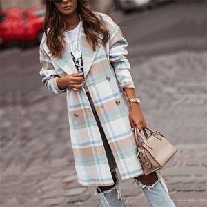 Moda Vintage Plaid Wzór Zima Kobiety Odzież Odzież Odzież Elegancka Pojedyncza Pani Piersi Long Płaszcz Jesień Przypadkowy Kieszonkowy Streetwear 211110