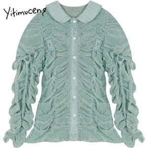 Yitimuceng Folds Bow Lace Up Blus Kvinnor Vintage Solid Skjortor Vår Mode Kläder Peter Pan Collar Långärmad Toppar 210601