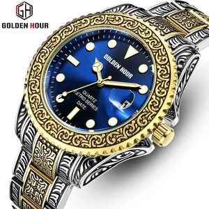 Mens Assista Top Luxury Marca Creative Quartz Relógios GoldenHour Homens Aço Inoxidável Relógio Band Big Sport Clock Relogio Masculino 210517