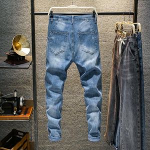Gergin Elastik Dantel toptan satış-Moda Mavi erkek Adam Harem Pantolon Sonbahar Elastik Streç İnce Ayaklar Bel Pantolon Dantel Up Fit Kot Katı Uzun Jean