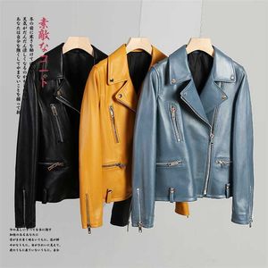 Nerazzurri Spring Short Yellow Black Blue Leather Biker Jacket Women Long Sleeve Zipper Autumn Faux Leather Jackets for Women 211007