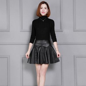 Skirts Genuine Leather Pleated Mini Womens Plus Size 4XL Black Sheepskin Hollow Out A-Line Luxury High Waist Office Skirt