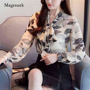 Autumn Women Office Elegant Bow Printing Shirt Button Cardigan Ladies Tops Floral Long Sleeve Chiffon 10748 210518